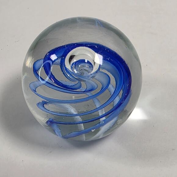 Art Glass Paperweight In Clear with Blue Swirls unsigned desk decretive piece - Picture 2 of 9